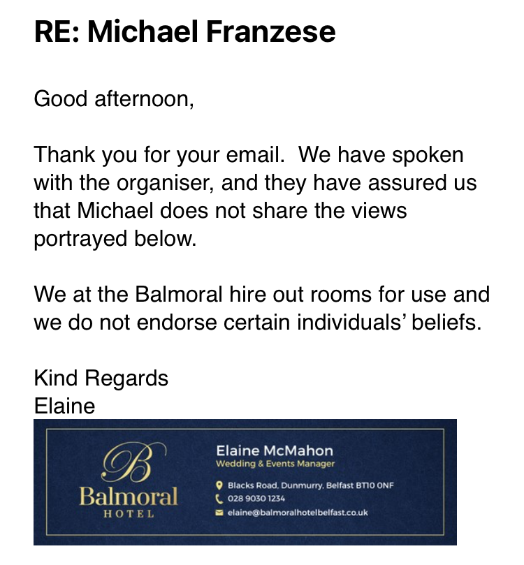 Having already been contacted about this, this is the cop out email we received from @BalmoralBelfast
