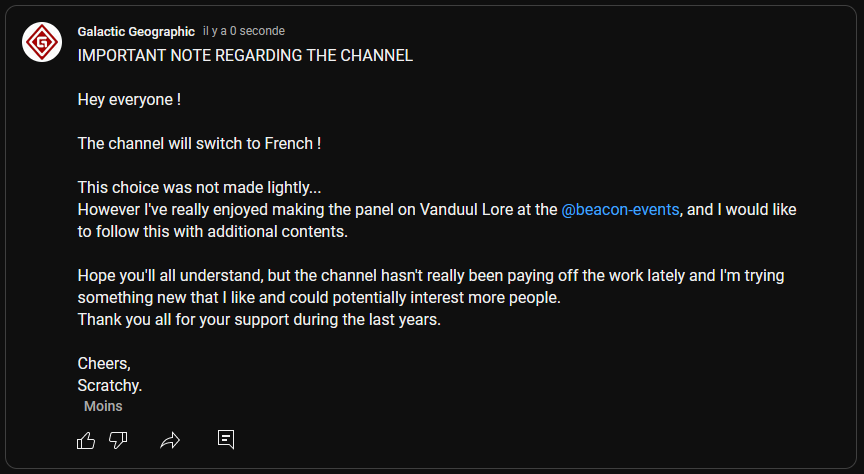 GalGeographic's tweet photo. Important note !

The youtube channel is switching to french !
La chaine Youtube passe en français !

This X account will be deleted in the coming month and every information on Galactic Geographic will now be transmitted with @Scratchy_GG !

Thank you all !
Fly Safe. https://t.co/okpcTDwj1o