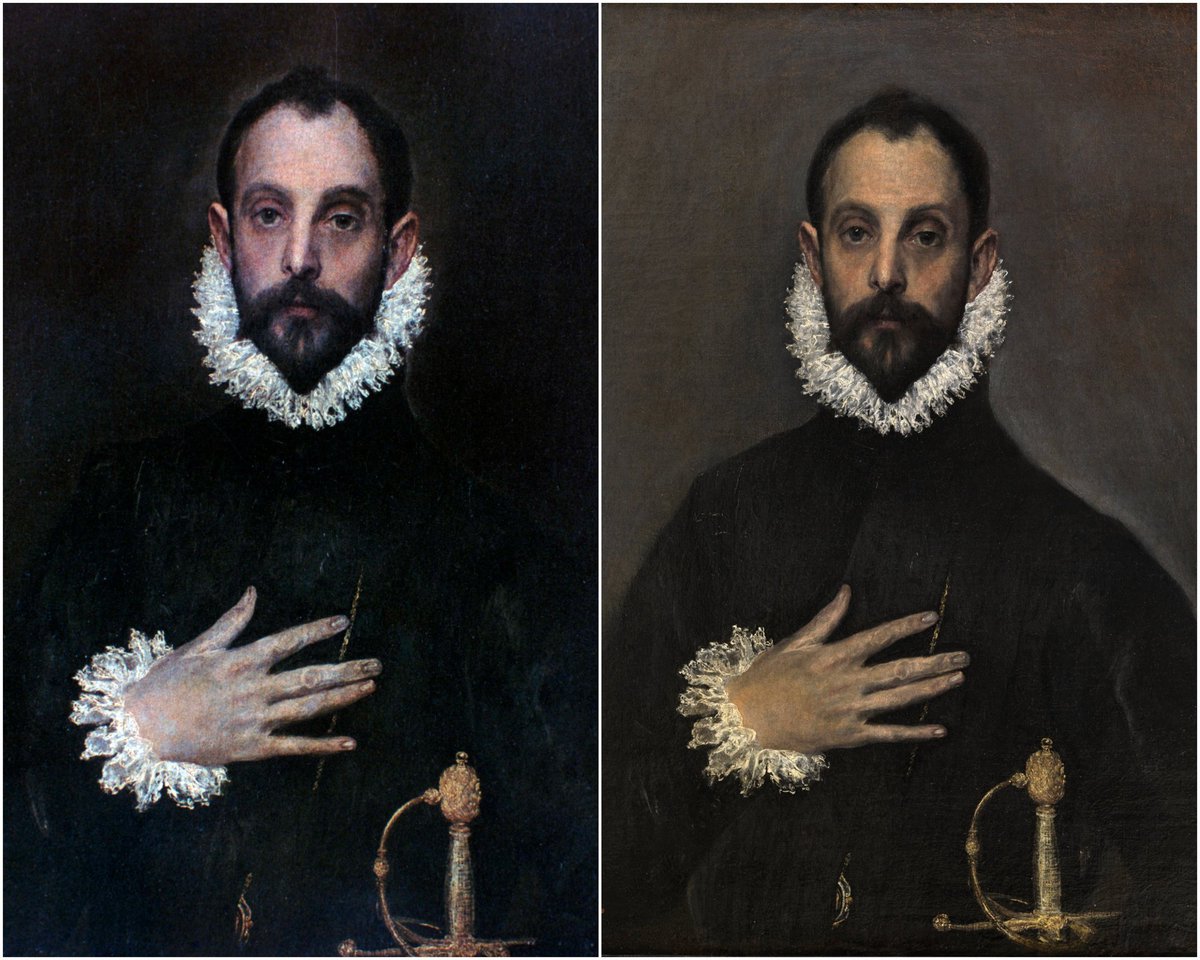 elbarroquista's tweet photo. Ejemplo. Todavía colea el "disgusto" de mucha gente cuando El caballero de la mano en el pecho resultó ser más parecido a todos los demás retratos de El Greco conservados y mucho menos oscuro de lo que la memoria colectiva lo había conocido siempre.