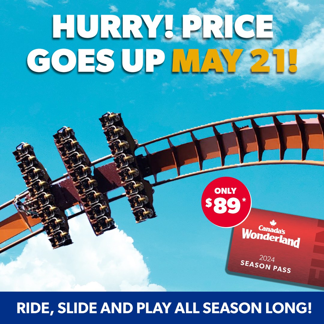 Time is running out! ⏰ Buy your Season Pass before prices go up May 21! 🎟️ Lock in a season of thrills and fun for only $89* and get unlimited visits, two-parks-in-one, exclusive ride times and more! 🌟 bit.ly/4bA9Sc1 *Plus taxes and processing fees up to $9.99.
