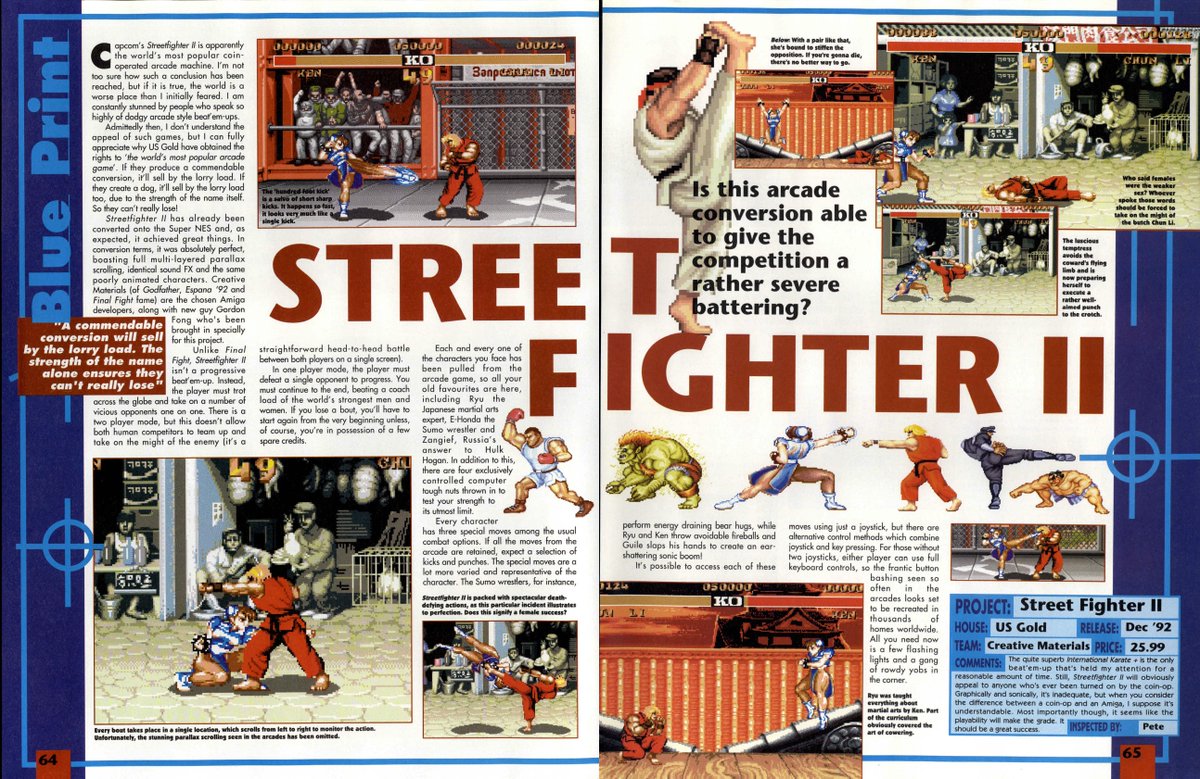 SF2doc's tweet photo. Amiga Action preview Street Fighter II in their December 1992 issue. US Gold would acquire the license to release the arcade game to home computers and the results were a very mixed bag.
#StreetFighter #SF2 #SF2doc https://t.co/Ap3vEm0PS5