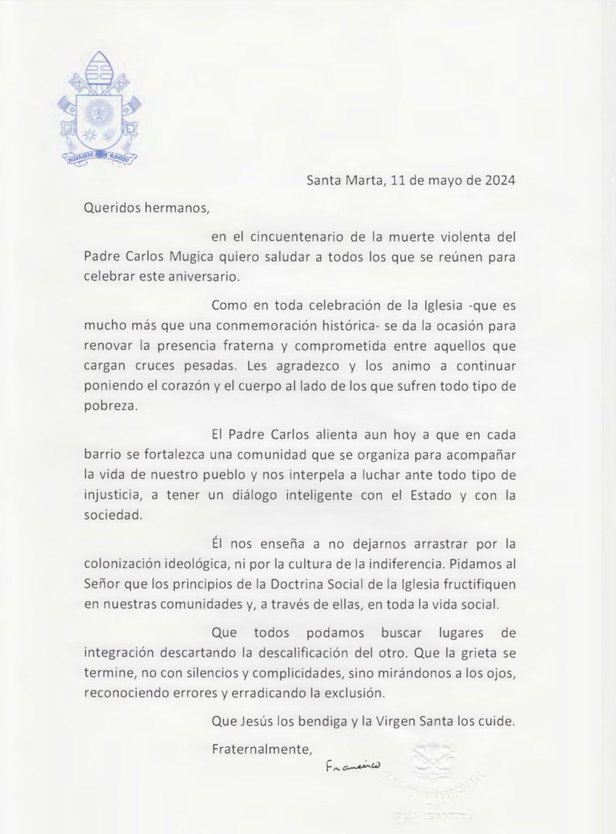👉 Carta del <a href="/Pontifex_es/">Papa León XIV</a> en los 50 años del martirio del Padre Carlos Mugica.
💬 "El Padre Carlos alienta aun hoy a que en cada barrio se fortalezca una comunidad que se organiza para acompañar la vida de nuestro pueblo y nos interpela a luchar ante todo tipo de injusticia."