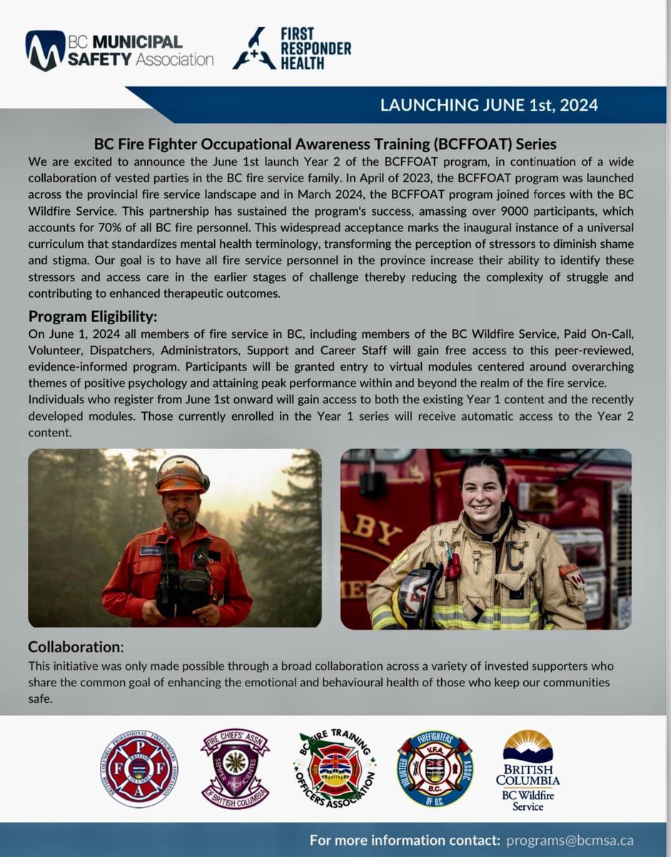 bcpffa's tweet photo. We are excited to announce the June 1st launch Year 2 of the BC Fire Fighter Occupational Awareness Training program, in continuation of a wide collaboration of parties in the BC fire service. @MunicipalSafety @BCFireChiefs #bcftoa @BCGovFireInfo #volunteersffbc @JM_Whiteside https://t.co/UwbSmEZ0xt