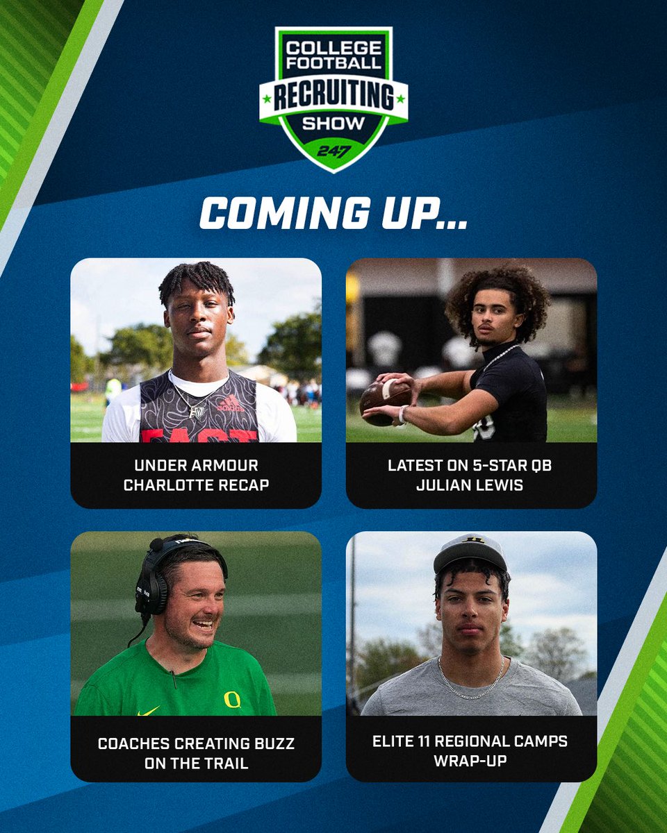 🚨247Sports CFB Recruiting Show🚨 TODAY AT 4pm CT/5pm ET! 📌Under Armour Charlotte Event Recap 📌Latest on 5-star QB Julian Lewis 📌Coaches creating the most buzz on the trail 📌Elite 11 Regional Camps Wrap-Up Tune in! 🔥 WATCH: youtube.com/watch?v=QeQreZ…
