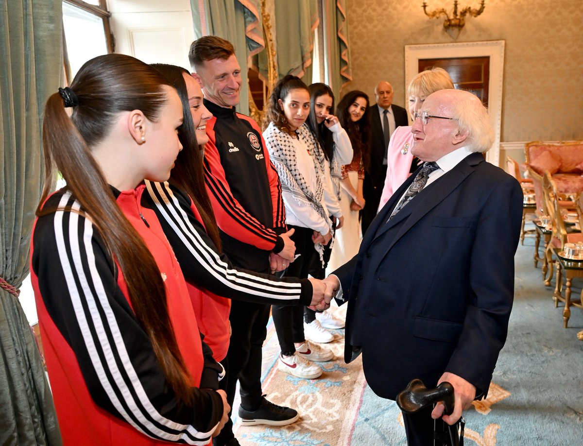 bfcdublin's tweet photo. 🇮🇪 ❤️🇵🇸 President of Ireland Michael D Higgins hosted players and management of Bohemians and Palestine at Áras an Uachtaráin today ahead of Wednesday’s historic international solidarity game at Dalymount Park. 🙌 https://t.co/NXEemScCrD
