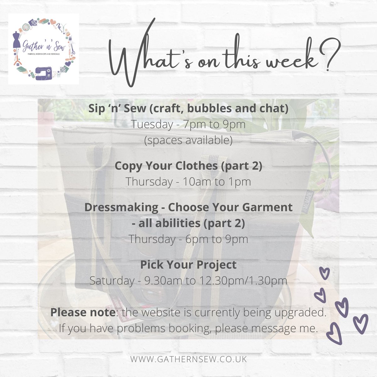 Are you ready for a new week? Please note that our website is currently being upgraded to its new version. Yay!!  If you have any problems booking, please let me know. I’m so sorry for any inconvenience. 

Wishing you a lovely week 💜

#gathernsew #learntosew #sewingclasses