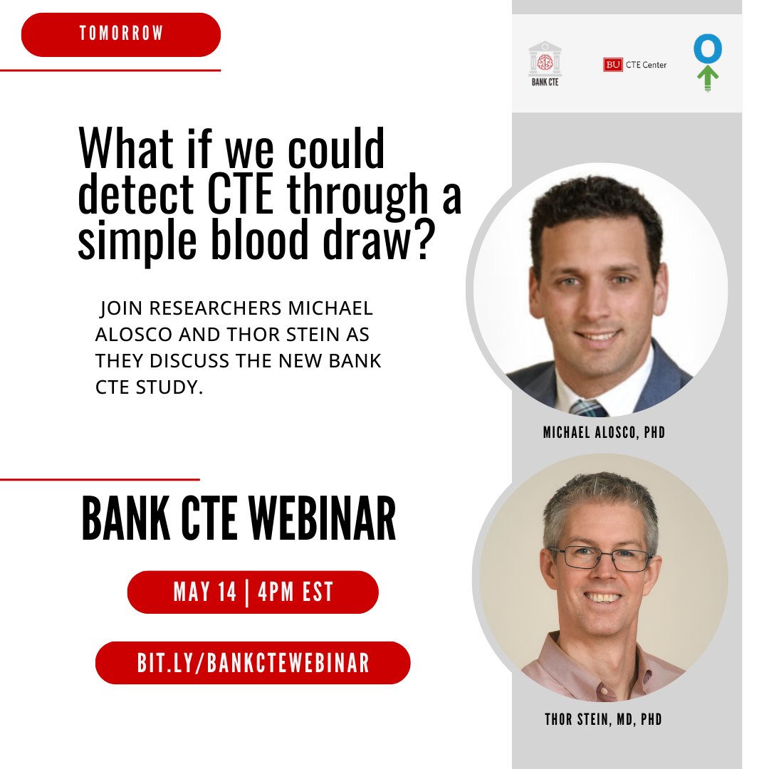 Join Michael Alosco, PhD, and Thor Stein, MD, PhD, tomorrow to discuss working towards detecting CTE in life through our new BANK CTE study. You can register here: bit.ly/bankctewebinar