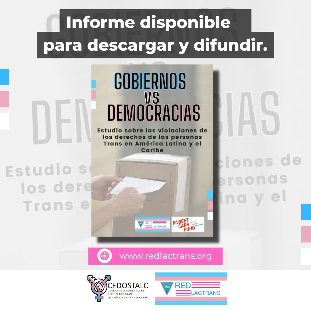 'Gobiernos vs Democracias' es un informe regional que condensa la situación de las personas trans en Latinoamérica y el Caribe.
🔗Link del informe: bit.ly/GobiernosVSDem…

#SOMOSREDLACTRANS