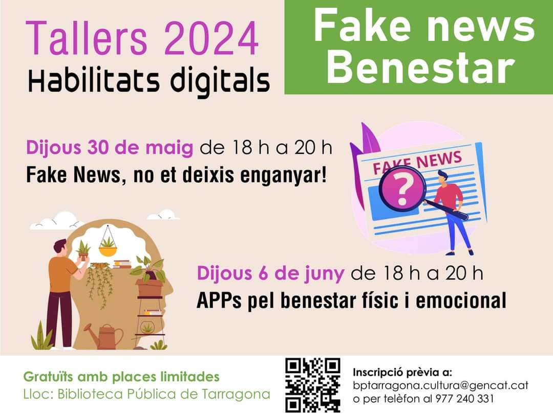 📢💚 Places disponibles als #tallers presencials de "#FakeNews" i "d'#apps pel #benestar físic i emocional". 

👉Adreçats a majors de 55 anys. Gratuïts amb places limitades.  

+ℹ: tuit.cat/38ZmJ