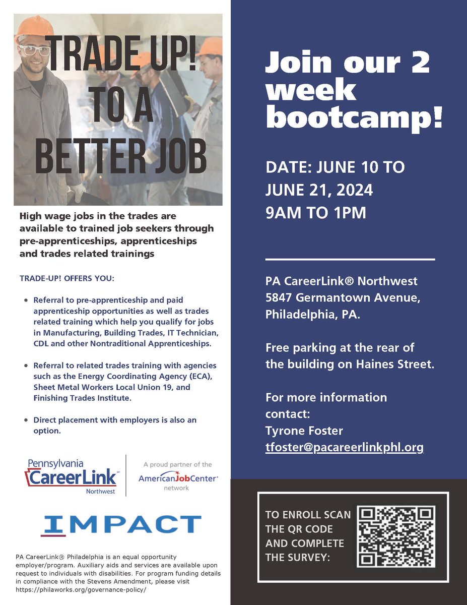 Our Trade Up! Bootcamp starts on June 10, at our PA CareerLink® Northwest location at 5847 Germantown Ave. We offer #preapprenticeship and #apprenticeship #opportunities for referrals for training or direct placement with employers for interested #careerseekers!