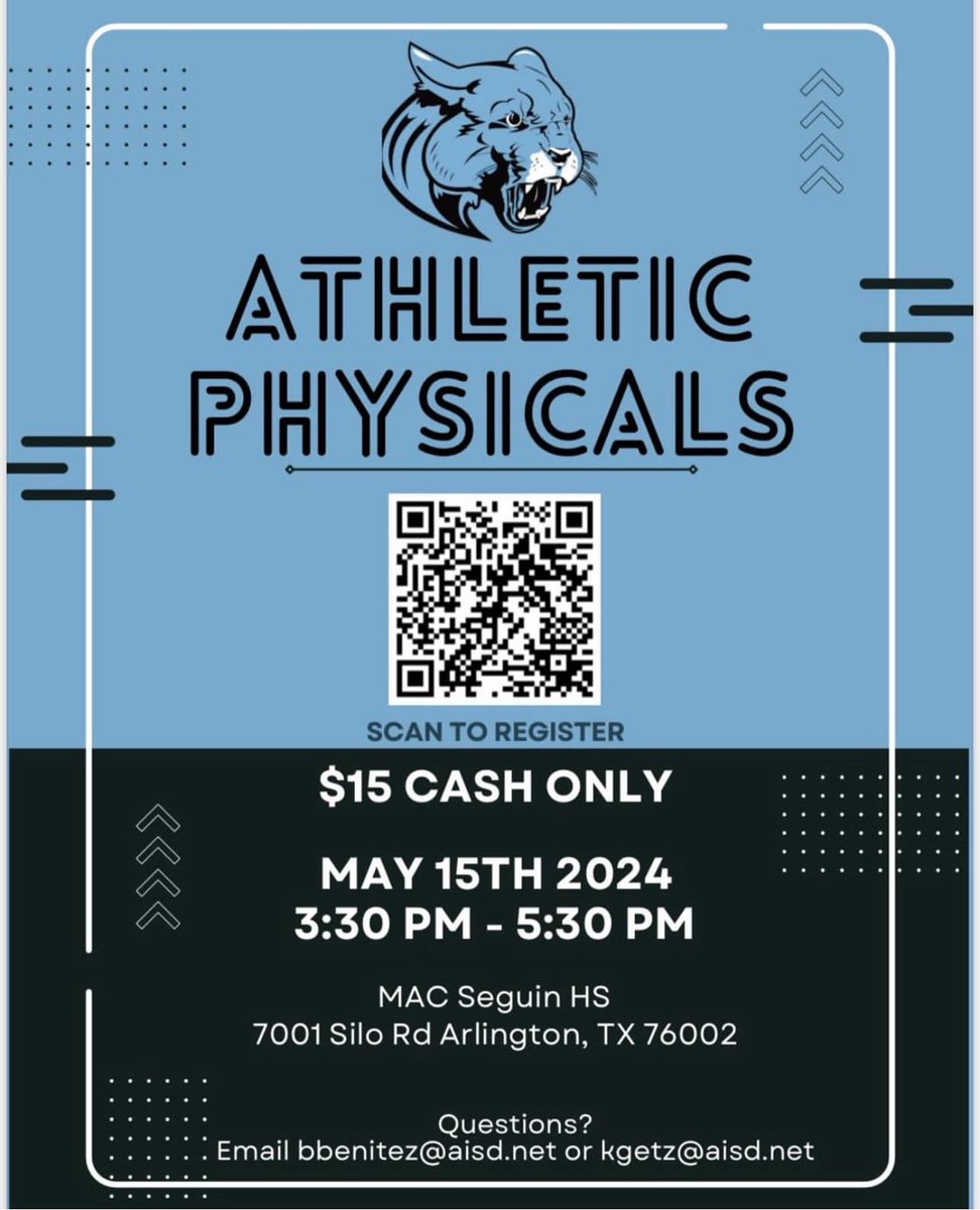 Reminder!!!! Physicals! Physicals!! Location: @JuanSeguinHS at the MAC Date: 5/15/2024 Cost: $15.00 Scan the QR code to register! Link: form.jotform.com/240847140633150