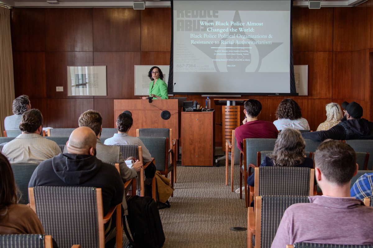 UAlbanySCJ's tweet photo. The Hindelang Criminal Justice Research Center hosted its 22nd Annual Lecture Monday, May 6th. Vesla Mae Weaver spoke about “When Black Police Almost Changed the World: Black Police Political Organizations and Resistance to Racial Authoritarianism.” https://t.co/ykOxxWuBy7