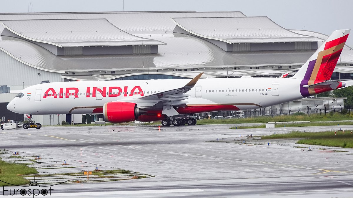 .@airindia's 6th #A350-900 VT-JRI is being prepared for departure from the home of @Airbus in #Toulouse. The aircraft (spotted by @cliper31) will depart at 1900 Hrs Local today for #Delhi - @DelhiAirport. This will be the final #A350 delivery for the airline this year. #AvGeek