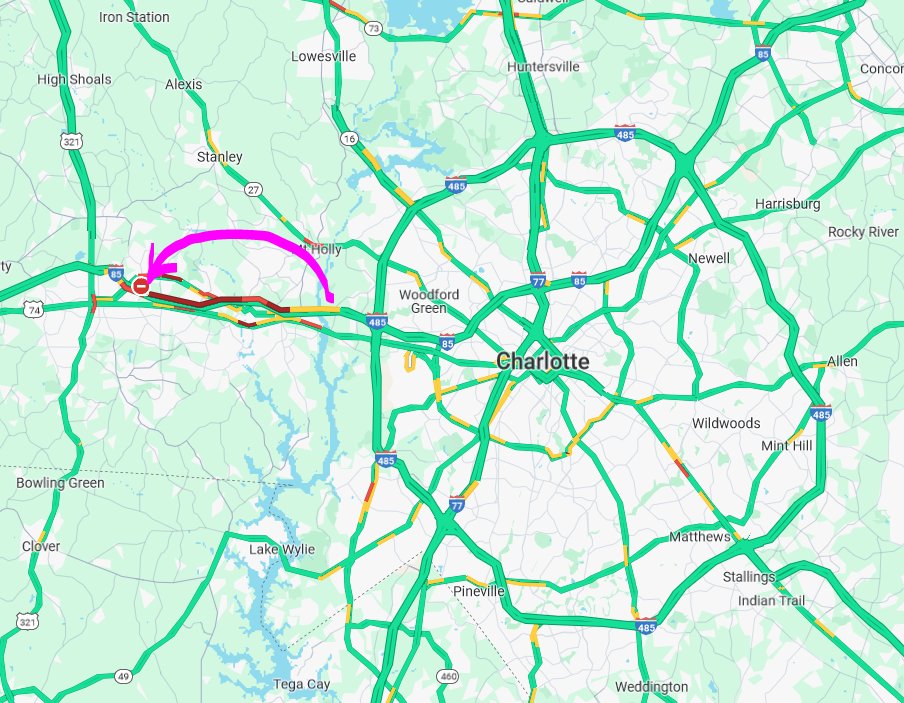 Clt_TrafficGuy's tweet photo. ⛔️HEADS UP:
I-85 Sb at New Hope Rd is SHUT DOWN...that's Exit 20.  You can exit anywhere along the other exits, but traffic is really bogged down starting as soon as you cross the river.
#Clt_Traffic #Charlotte #NC #SC #Gastonia https://t.co/XEKRAAPuPS