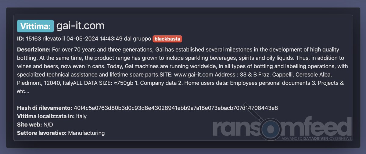 sonoclaudio's tweet photo. #R𝕏 @ransomfeednews
🆕 Blackbasta ha pubblicato i dati (100% | 1,5 TB) esfiltati a Synlab Italia 🇮🇹 (in questo momento, i dati non sono ancora disponibili).
Pubblicati, inoltre i dati (100% | 750 GB)  esfiltrati a GAI S.P.A. | https://t.co/qJHZmNPmIn (in questo caso, i dati sono già disponibili).
Cc/ @GPDP_IT | @csirt_it #ACN