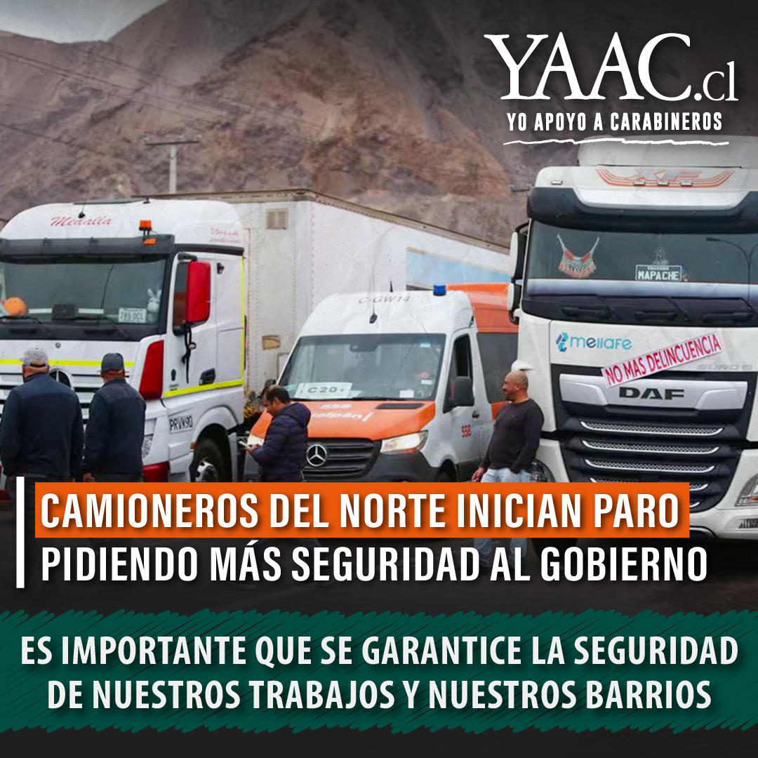 Ante el aumento en la violencia y el crimen organizado los vecinos debemos sacar la voz y exigir mano dura a las autoridades. ¡Muy bien Camioneros de Chile! 

Sin seguridad no hay desarrollo social, familiar ni económico. #YAAC

📣 Suma tu voz en YoApoyoACarabineros.cl