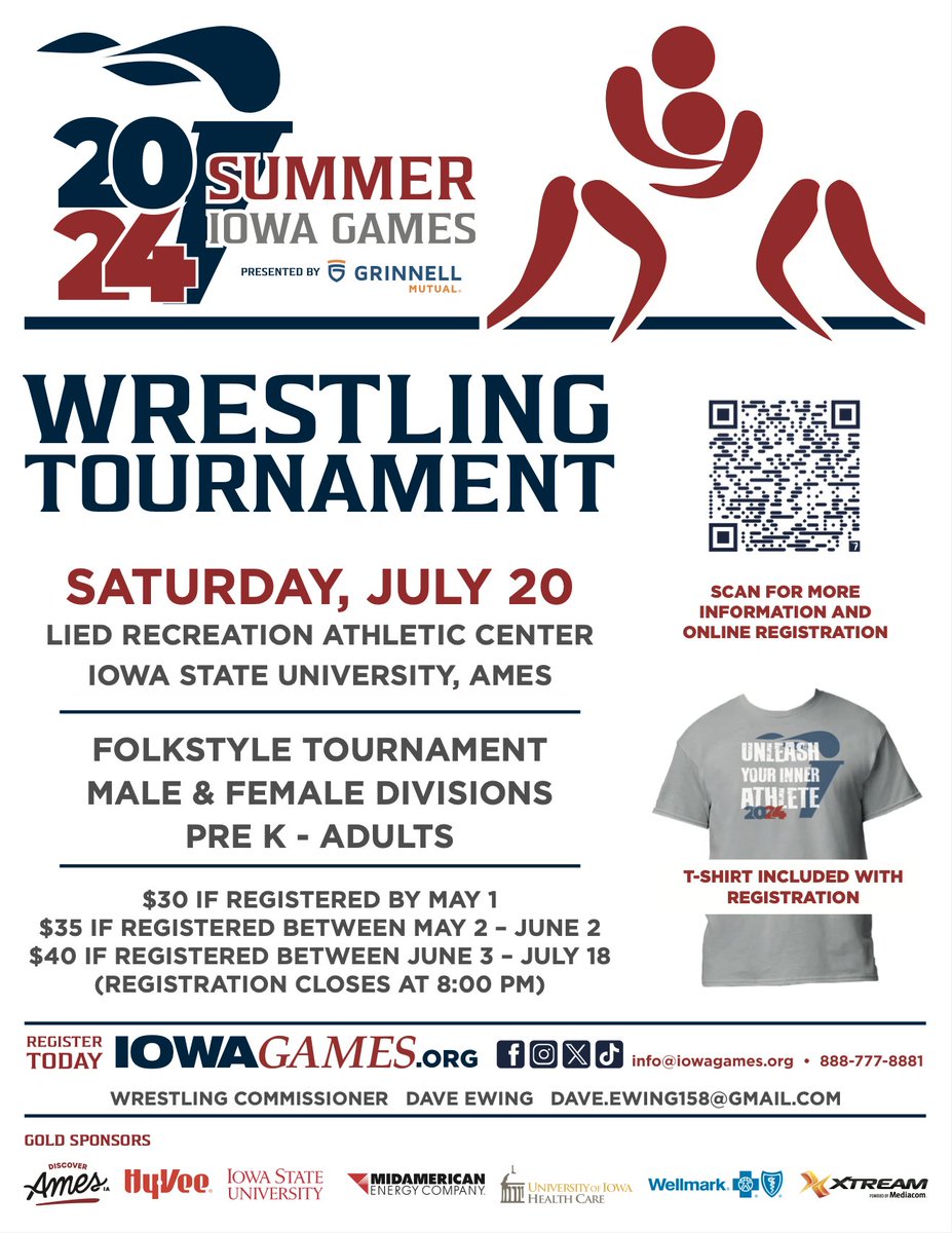 Mark your calendar for the Summer @IowaGames Wrestling Tournament in July. Pre K to Adults can compete! iowagames.org/event/summer-i…
