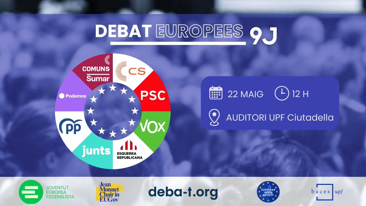 ‼️🇪🇺Debat Electoral de les Eleccions Europees a la @UPFBarcelona!🗳️Vine a escoltar les diferents visions i participa del diàleg a través del hashtag #DebatEUropeu 🗓️Dimecres 22 de maig 🕑12.00 H 📍Auditori del Campus de la Ciutadella 👀Estigueu atents a les nostres xarxes!