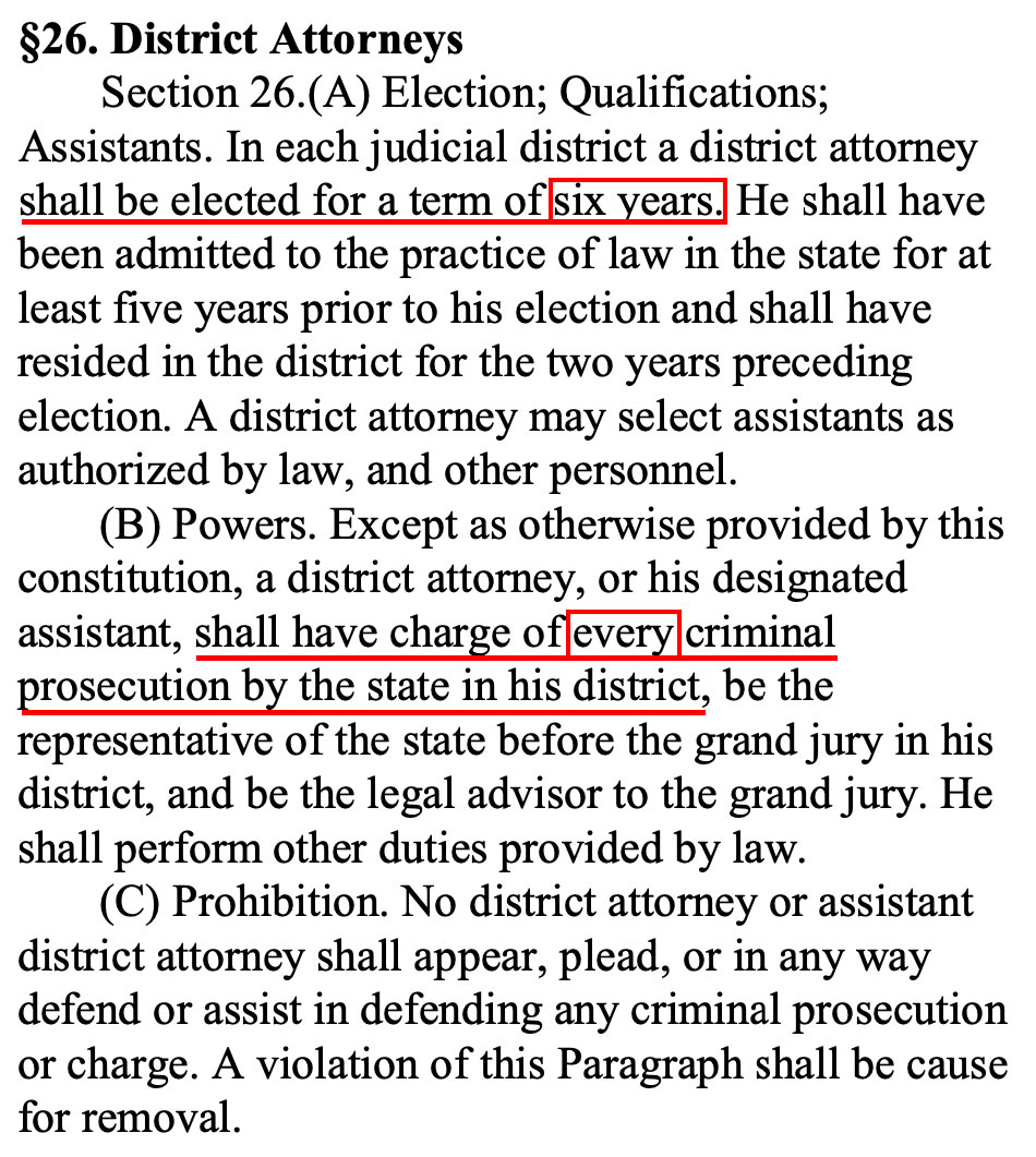 If a constitutional convention happens, why attempt to bar delegates from moving any of this section to statute? Rep. Fontenot's amendment to HB800 passed w/o objection. It aims to guard our strong constitutional protections for DAs. But what about failed DAs? #lalege #lagov
