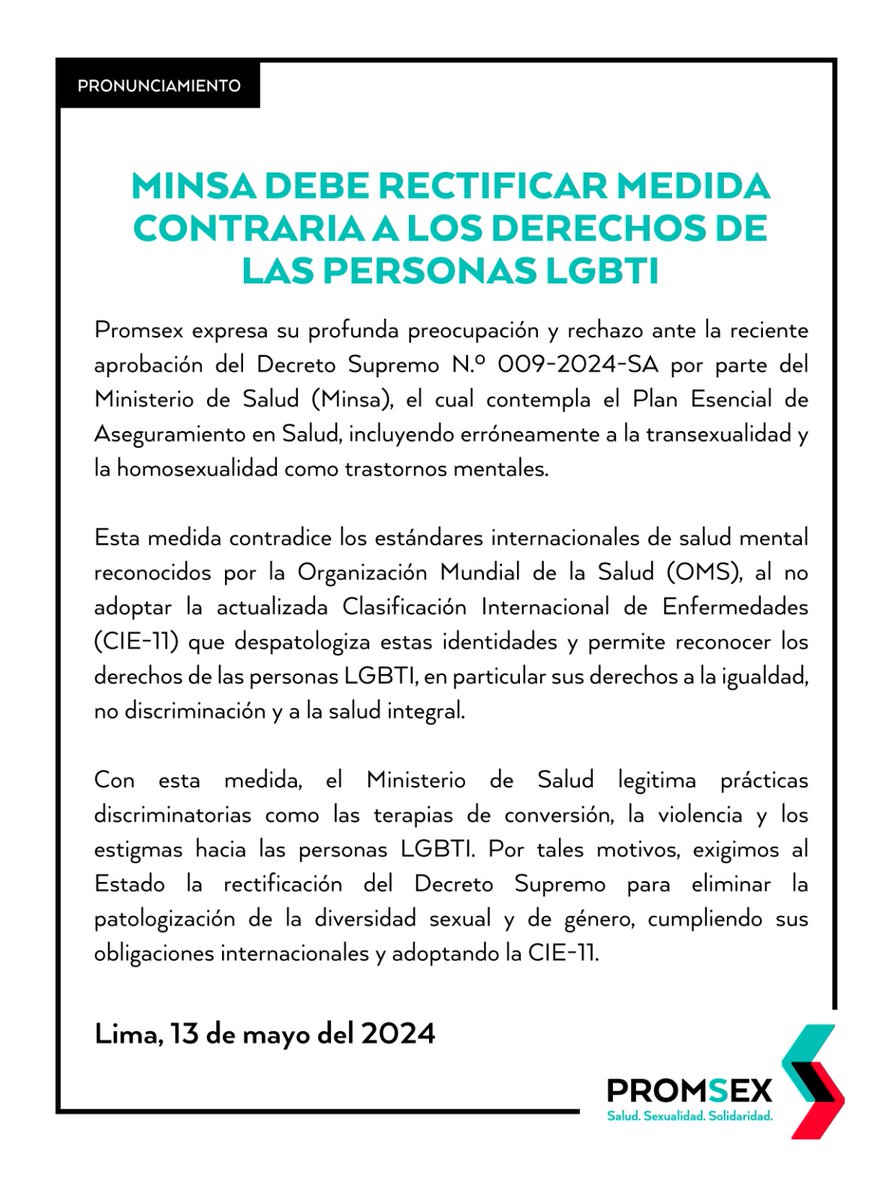 promsex's tweet photo. 🚨 #NadaQueCurrar | Exigimos al @Minsa_Peru la rectificación del Decreto Supremo que patologiza a las personas LGBTI. El Estado debe cumplir sus obligaciones internacionales, respetando los derechos a la igualdad, no discriminación y a la salud integral. 📢 https://t.co/71J5zApGMw