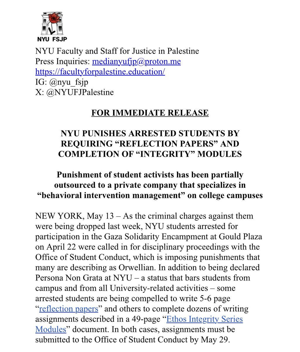 NYU Administrators are imposing “Orwellian” penalties on arrested students, requiring them to write “Reflection Papers” and “Integrity” modules, according to <a href="/NYUFJPalestine/">NYU Faculty and Staff for Justice in Palestine</a>