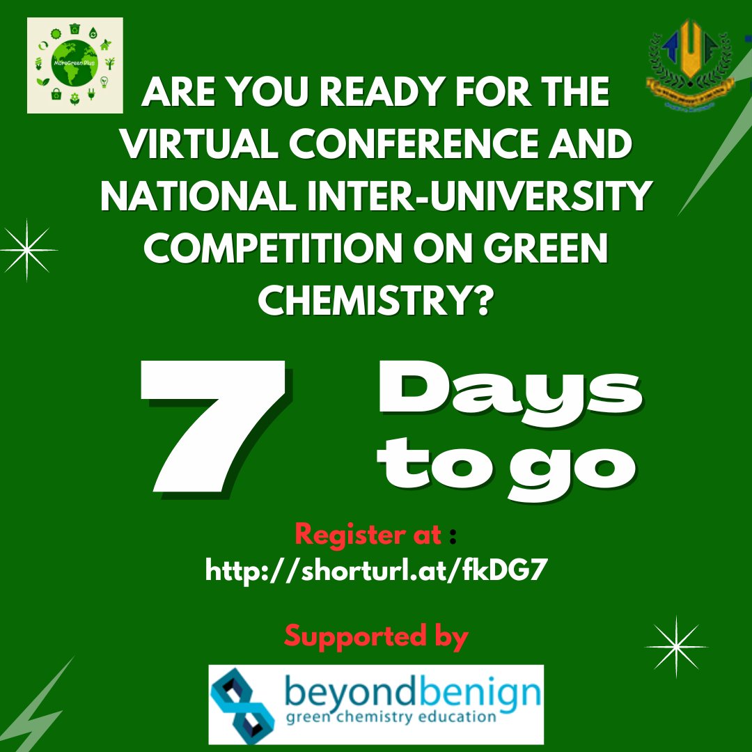 MoreGreenPlus's tweet photo. Just 7days to go! Register here to be part of the event https://t.co/x1MqkOZhJ8. This programme is free and made possible with support from Beyond Benign. 

#GreenChemistry 
#moregreenplus 
#sustainablepractices 
#Tasued2024 
#beyondbenign 
#Greenchemistryeducation https://t.co/uzFhzC4Jkm