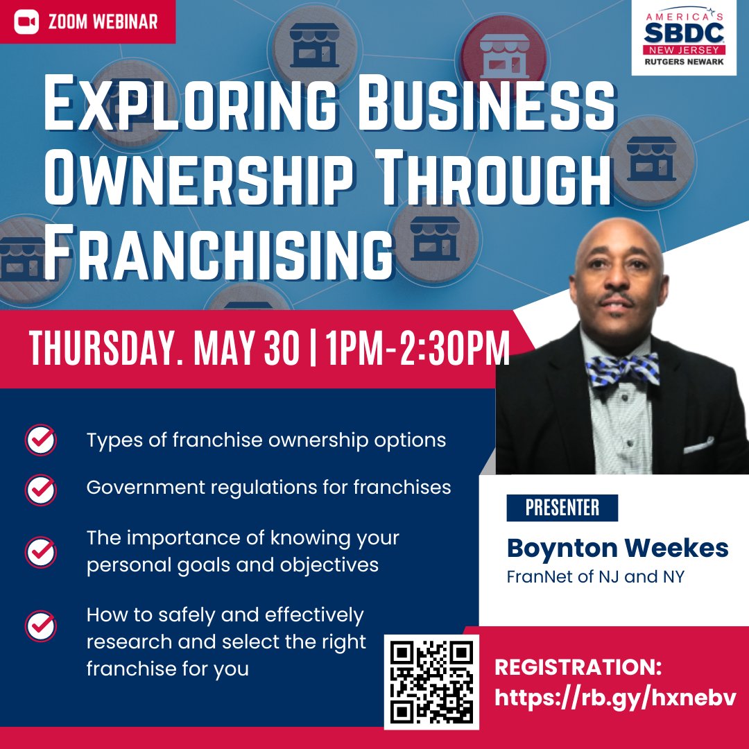🚀 Exploring Business Ownership Through Franchising Webinar
-
ZOOM WEBINAR
Thursday, May 30
1:00 pm - 2:30 pm
Registration link : rb.gy/hxnebv
-
#businessstrategy #businessfranchising #RNSBDC #smallbusinesswebinar #smallbusinessowners