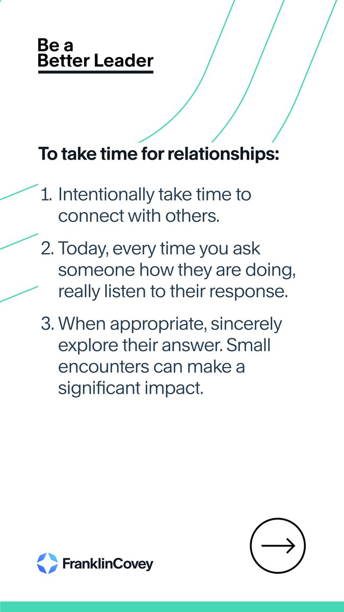 franklincovey's tweet photo. Be a better leader. Take time for relationships with these three best practices.  

Visit https://t.co/HWg8cEUmnq for more leadership development resources based on The 4 Essential Roles of Leadership®. #BeABetterLeader #LeadershipTraining #LeadershipDevelopment https://t.co/YKDA8ZBGKU
