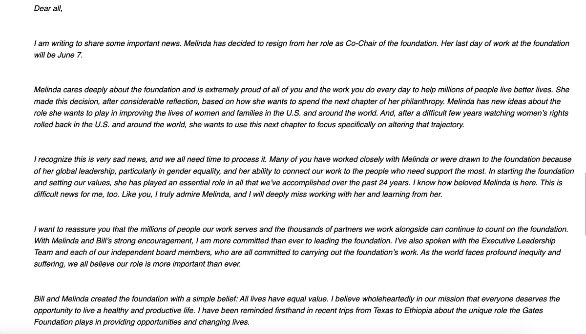 teddyschleifer's tweet photo. NEW INTERNAL EMAIL from @MSuzman, the CEO of the Gates Foundation, to employees on the departure of Melinda Gates from her eponymous foundation.

— Gates Foundation name is being changed.

— "Melinda will not be bringing any of the foundation's work with her when she leaves." https://t.co/ULuRLLs1Tx