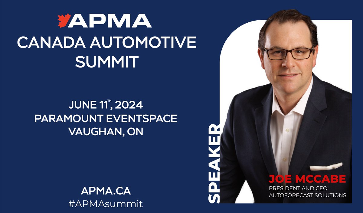 Excited to announce that @AutoForecast President and CEO, Joe McCabe, will be sharing his highly anticipated industry forecast at the Canada Automotive Summit on June 11. Get insights into the future of the auto sector. Reserve your spot now: eventbrite.ca/e/canada-autom… #APMAsummit