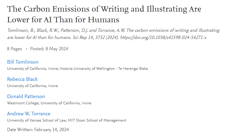 'Our findings reveal that AI systems emit between 130 and 1500 times less CO2e per page of text generated compared to human writers, while AI illustration systems emit between 310 and 2900 times less CO2e per image than their human counterparts.' @SSRN