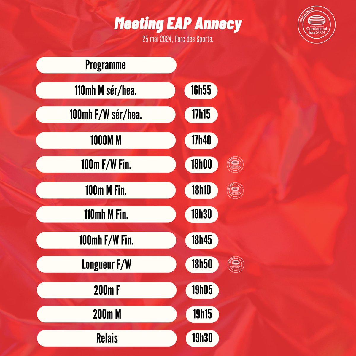 MeetingAnnecy's tweet photo. Le programme de cette deuxième édition du @MeetingAnnecy 🗒️

Rendez-vous le 25 mai, au Parc des sports d’Annecy 🏟️ https://t.co/IIRsxU2NIA