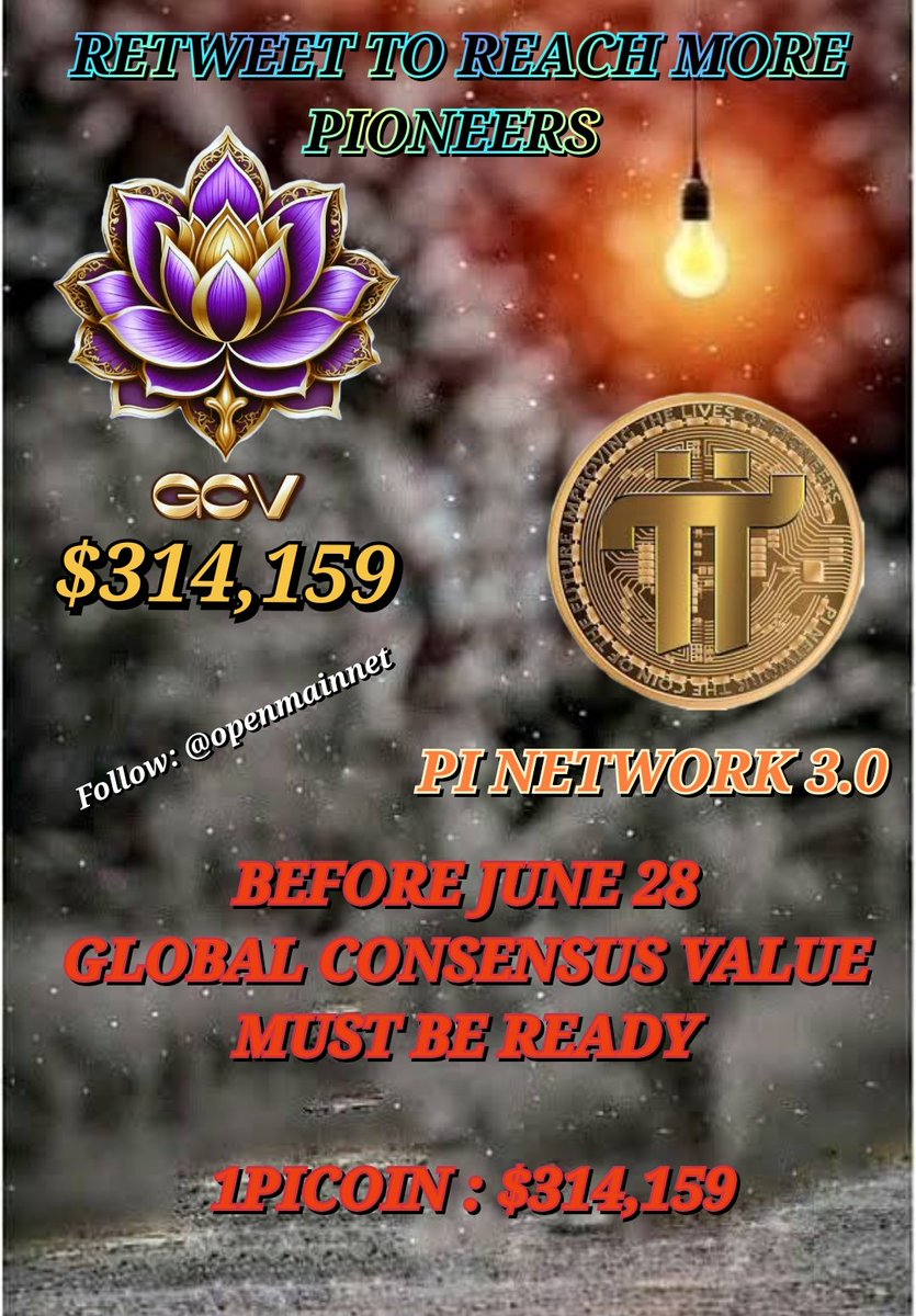 #Pioneers 
GLOBAL CONSENSUS VALUE 
1 PI : $314,159
DO YOU SUPPORT THIS MOVEMENT???

DO YOU SUPPORT JUNE 28? 🎯 FOR OPEN MAINNET?🚀

RETWEET AND COMMENT, SHARE TO REACH MORE PIONEERS 🔥 
#Openmainnet #PiNetwork #PiCoin  #PiNetwork2024 #cryptocurrency
(Satoshi $not notcoin)