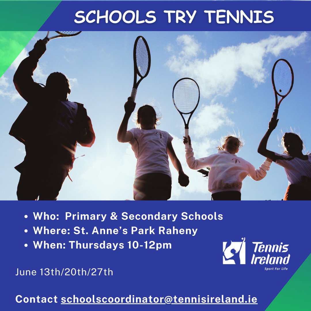 🎾Schools Try Tennis at St Anne's Park, Raheny Students and Teachers are invited to Try Tennis at your local Club - St Annes Park Raheny Our Coach is running Taster Tennis sessions from 10-12pm Book a class in for 1 or 2hrs on any date Register👇 shorturl.at/BEM12