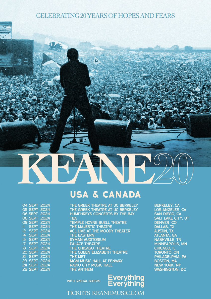 E_E_'s tweet image. We’re extremely pleased to be joining the brilliant @keaneofficial on the North America leg in September of their world tour celebrating 20 years of Hopes &amp;amp; Fears. Tickets are already running low so don’t delay - 

keanemusic.com/live/