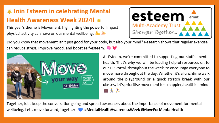 MaxineDayFHP's tweet photo. 🌟 Join Esteem in celebrating Mental Health Awareness Week 2024! 🌟
💙 #MentalHealthAwarenessWeek #MoveForMentalHealth https://t.co/rhmovewX3A