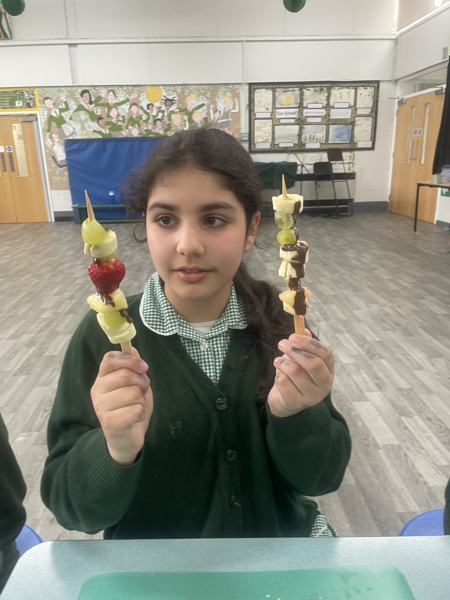 @st_patricks portion size & taste preference were the topic of discussion in Cookery Club today making fruit kebabs with crackling chocolate!