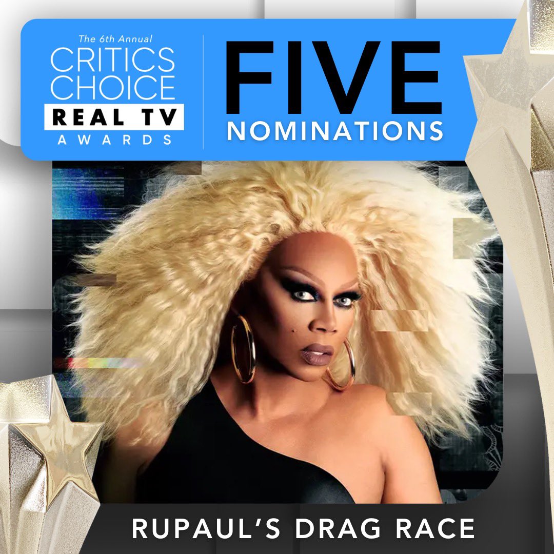 Congratulations to “RuPaul’s Drag Race!” The reality series leads this year’s Critics Choice Real TV Awards with 5 nominations! ⭐️⭐️⭐️⭐️⭐️ ⭐️Best Competition Series. ⭐️Best Ensemble Cast in an Unscripted Series. ⭐️Best Show Host. ⭐️Male Star of the Year. ⭐️Best Lifestyle Show: