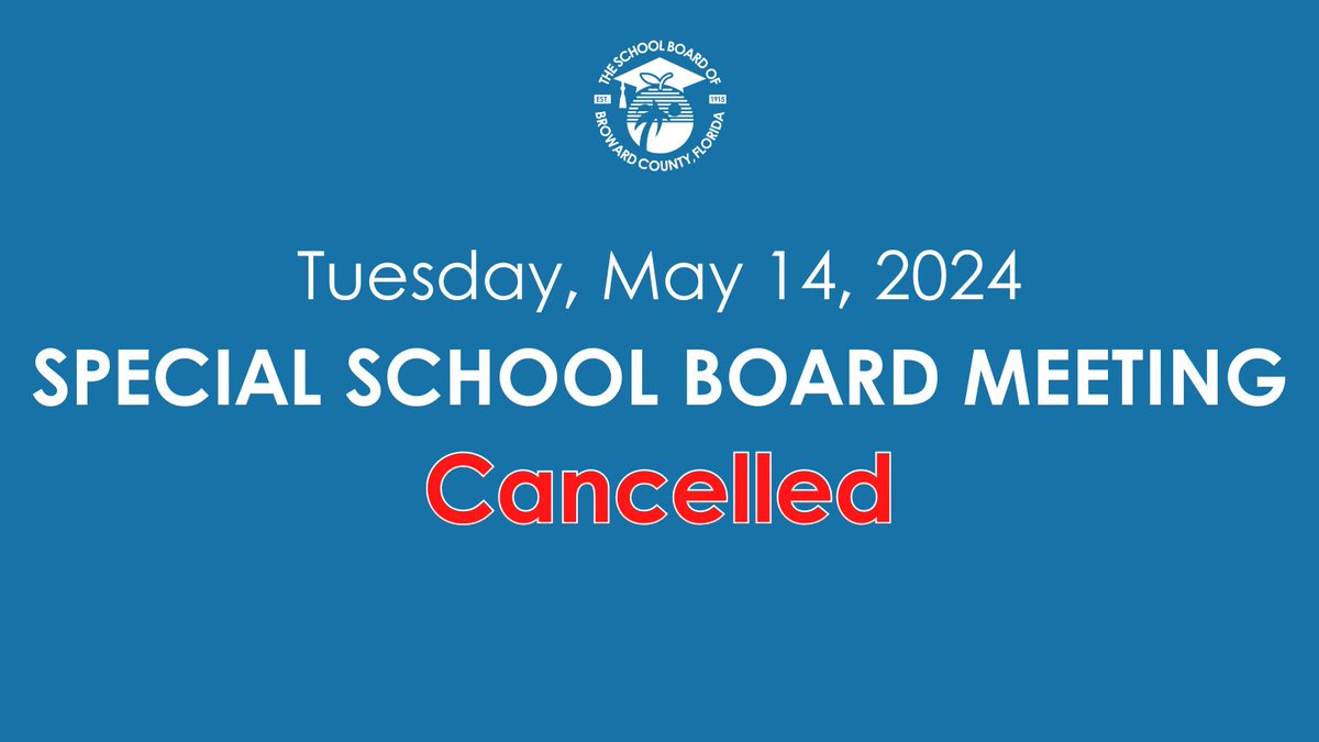 Please be advised that the May 14, 2024, Special School Board meeting has been cancelled. 𝐓𝐡𝐞 𝐒𝐜𝐡𝐨𝐨𝐥 𝐁𝐨𝐚𝐫𝐝 𝐖𝐨𝐫𝐤𝐬𝐡𝐨𝐩 will begin as scheduled at 5 p.m. at Plantation High School.