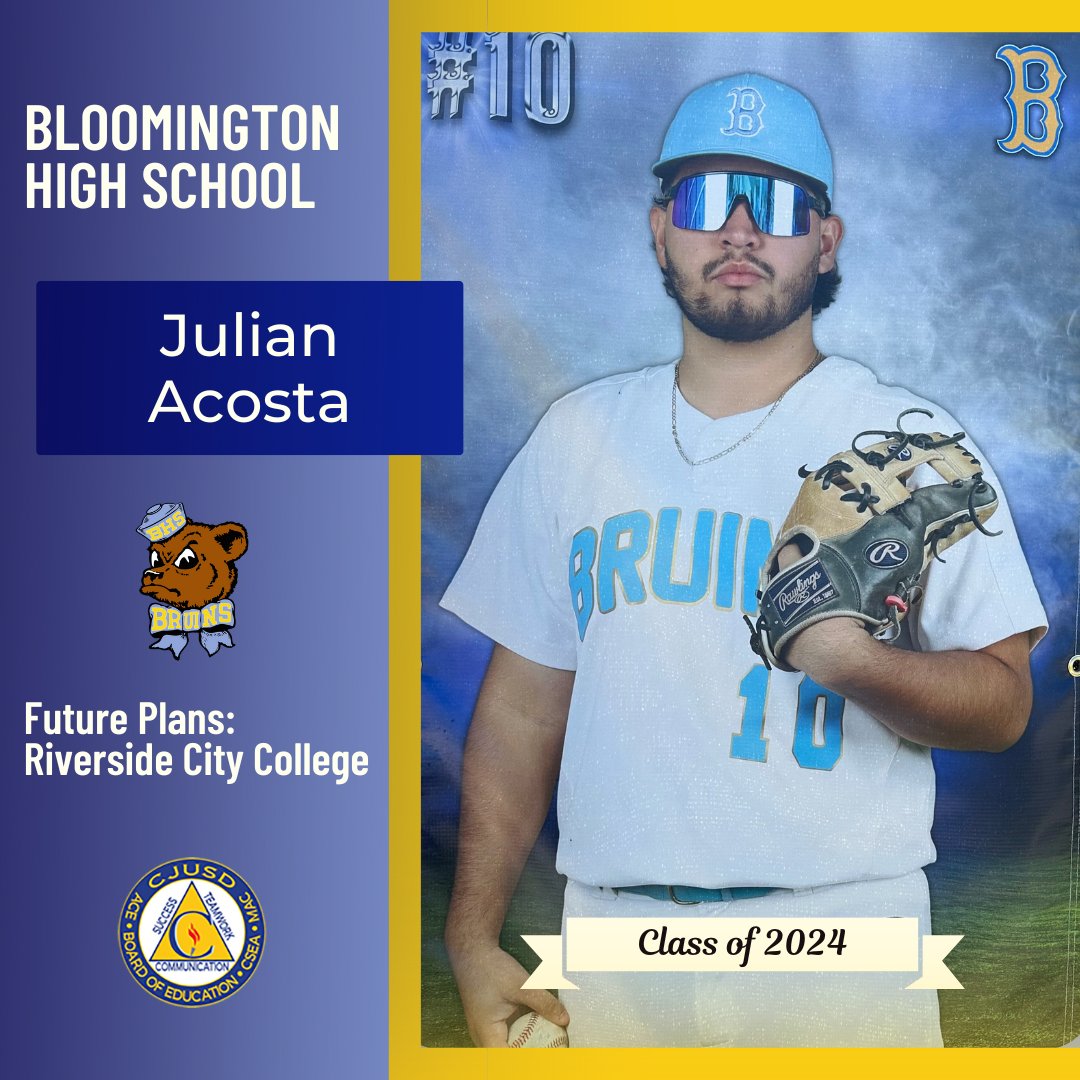 ColtonJUSD's tweet photo. Congrats to Bloomington High School 🎓senior Julian Acosta, who plans to attend Riverside City College! #CJUSDCares  #BHS #BHSForSuccess 🐻🎉
Seniors, to be featured in our #CJUSD Class of 2024 Spotlight, visit https://t.co/JI2QGhVCw4 https://t.co/XxpIdQXgBH