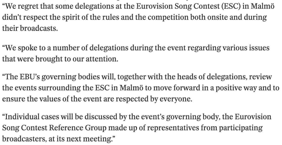 ESCdiscord's tweet photo. The EBU has released a statement regarding some of the incidents during #Eurovision 2024.

"The EBU’s governing bodies will, together with the heads of delegations, review the events surrounding the ESC in Malmö to move forward in a positive way"

More: https://t.co/GG2MET4mtD https://t.co/O6nbMOE6uc