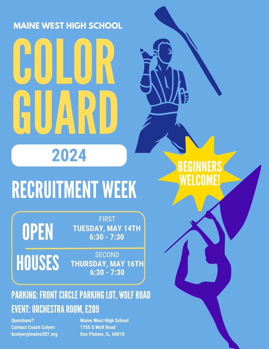 Join the Maine West Color Guard! This week we have two open house events where you can learn all about Color Guard! Current 8th graders to Juniors are welcome - no experience necessary! Next week (see 2nd picture) - will be clinics and auditions-add these dates to your calendars!