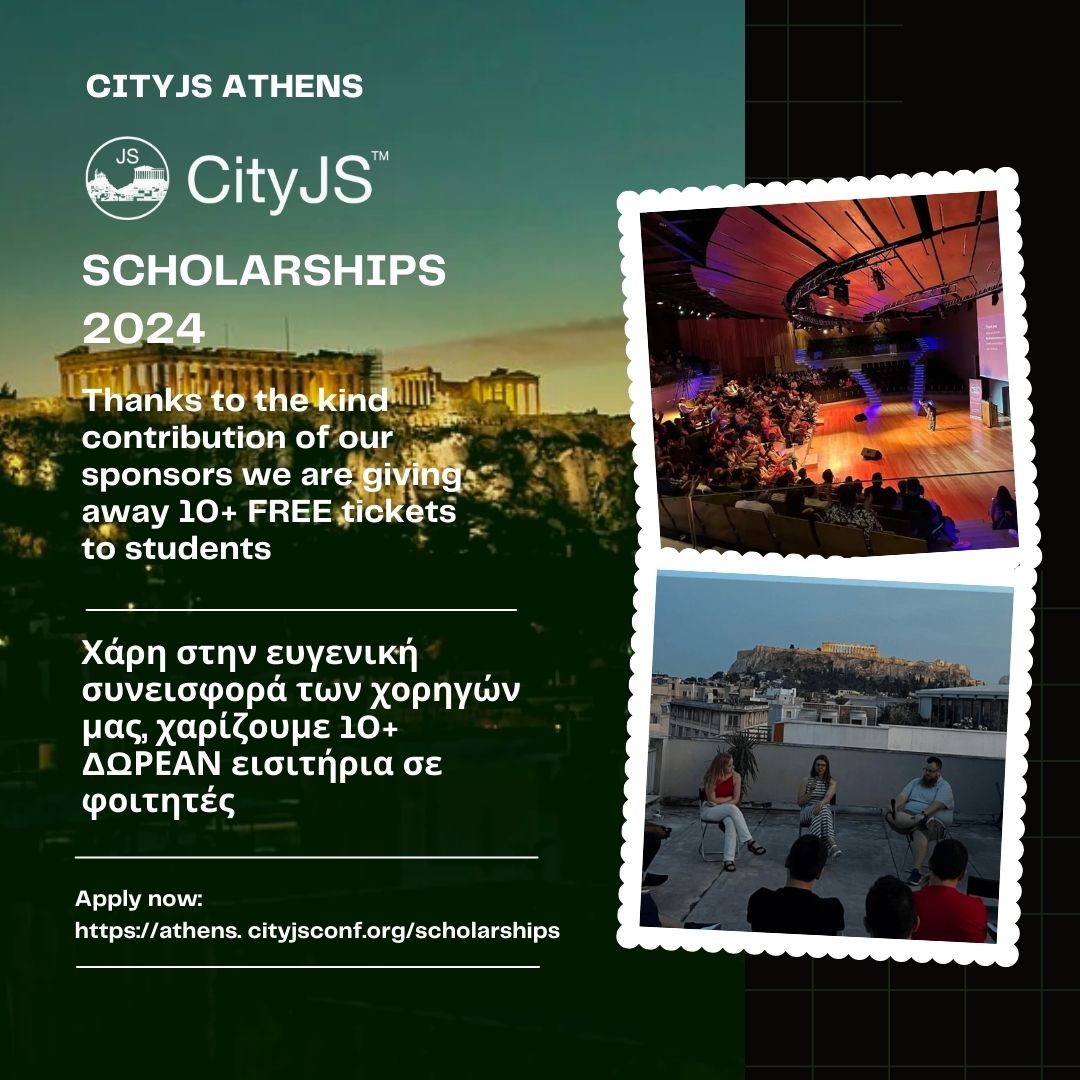 It's never too late to give back! #RT to spread the word! Thanks 🙏to our generous sponsors, we're offering 🔟 tickets to those in need in our #javascript community. Apply now for our scholarship program: athens.cityjsconf.org/scholarships #communitylove #greece #javascriptdeveloper