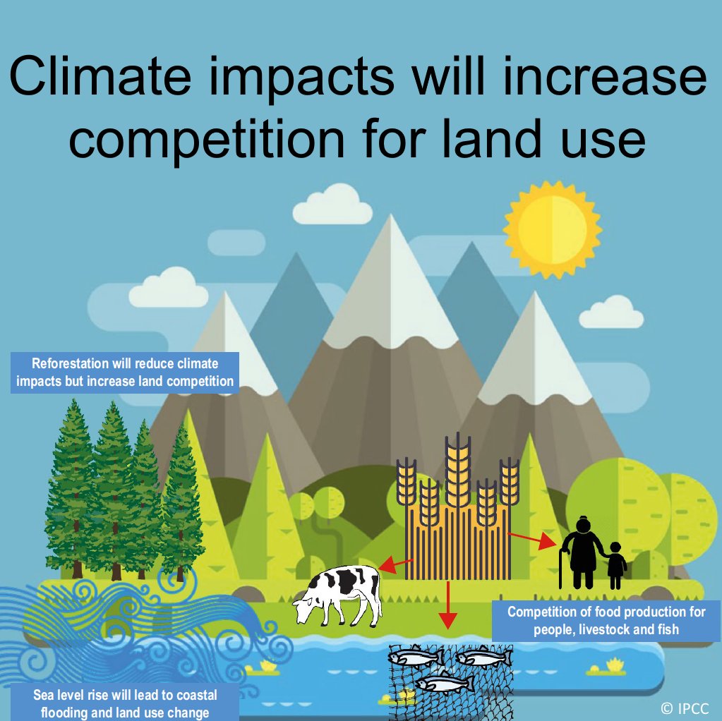 . #ClimateChange will increase competition for land use We need to understand this & take appropriate #ClimateAction! from: #ClimateChange 2022 - Impacts, Adaptation and Vulnerability, @IPCC_CH animated video: youtube.com/watch?v=wTpyjm… Learn more ipcc.ch/report/ar6/wg2/ .