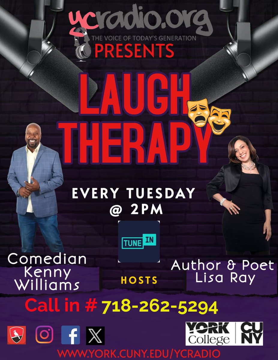 Therapy is back with hosts Comedian Kenny Williams and YCRadio's Lisa Ray! Join on the TUNE IN App Every Tuesday at 2PM! Call the ycradio hotline # 718-262-5294.
#WeAreOneYork
#ycradio
#thevoiceoftodaysgeneration
#laughterisgoodforthesoul
#collegeradio
#mentalhealth