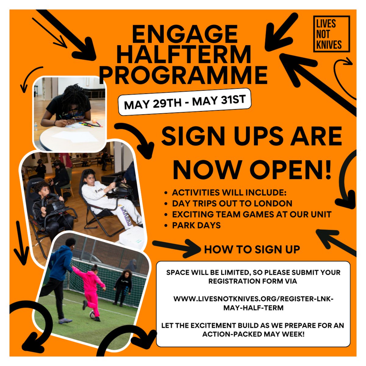 We are delighted to announce the return of our LNK Engage programme this May half-term, 29.5.24 - 31.5.24! 🌟 Like our summer session, we have 20 spots available on a first-come, first-served basis. Sign up now at buff.ly/2Pblo6E