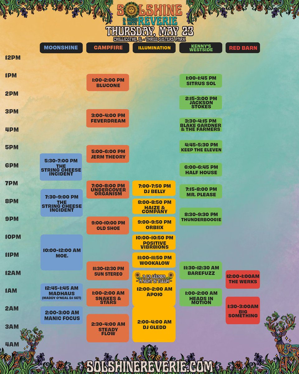 ✨ Set Times Are Here ✨ Plan your weekend, shoutout the artists you're most excited to see, and let it sink in that we are 10 DAYS AWAY from Solshine Reverie.

Download our mobile app now to set your schedule and make sure that you won't miss a minute down at Three Sisters Park.