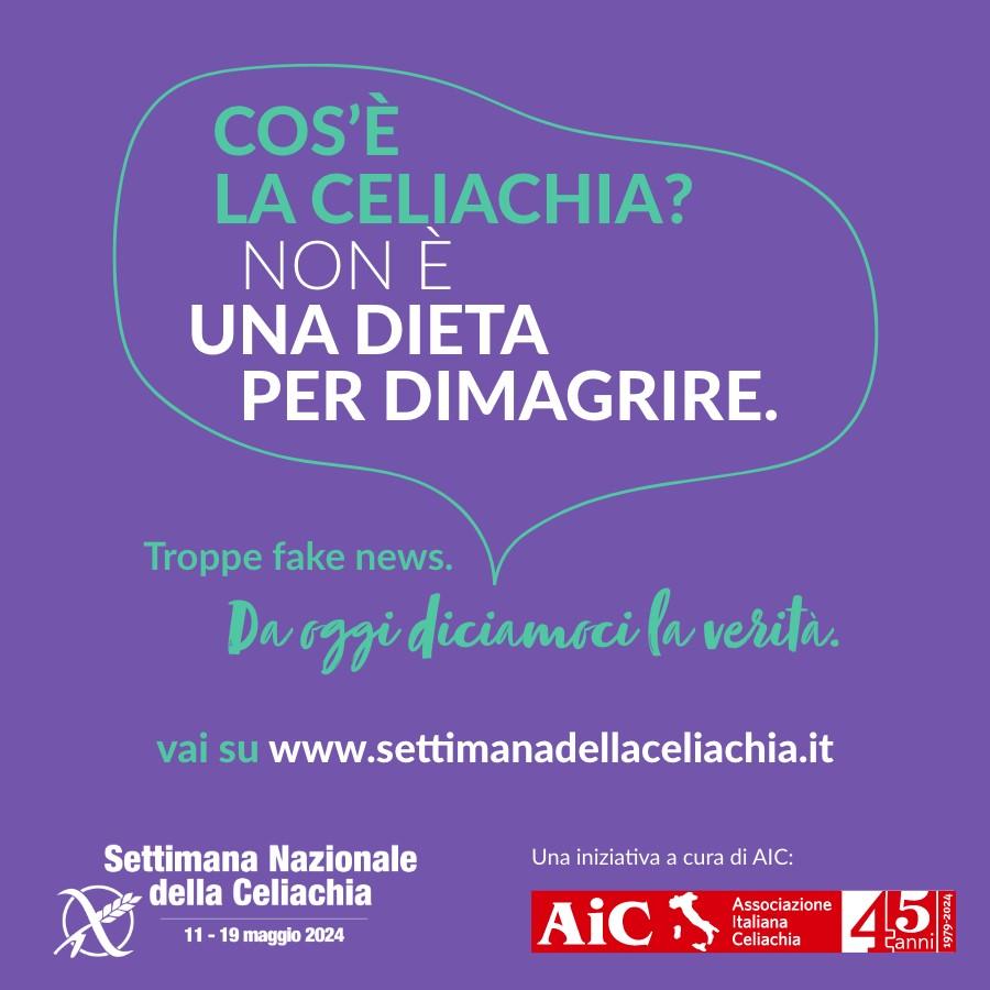 “Settimana Nazionale della Celiachia”
🟣9 giorni di appuntamenti per sfatare falsi miti e fake news su celiachia e dieta senza glutine.
In tutta Italia, 11-19 maggio 2024 
Un’iniziativa di <a href="/AIC_celiachia/">Associazione Italiana Celiachia APS</a>  
#AIC #celiachia #settimanadellaceliachia #tuttiatavolatuttiinsieme
