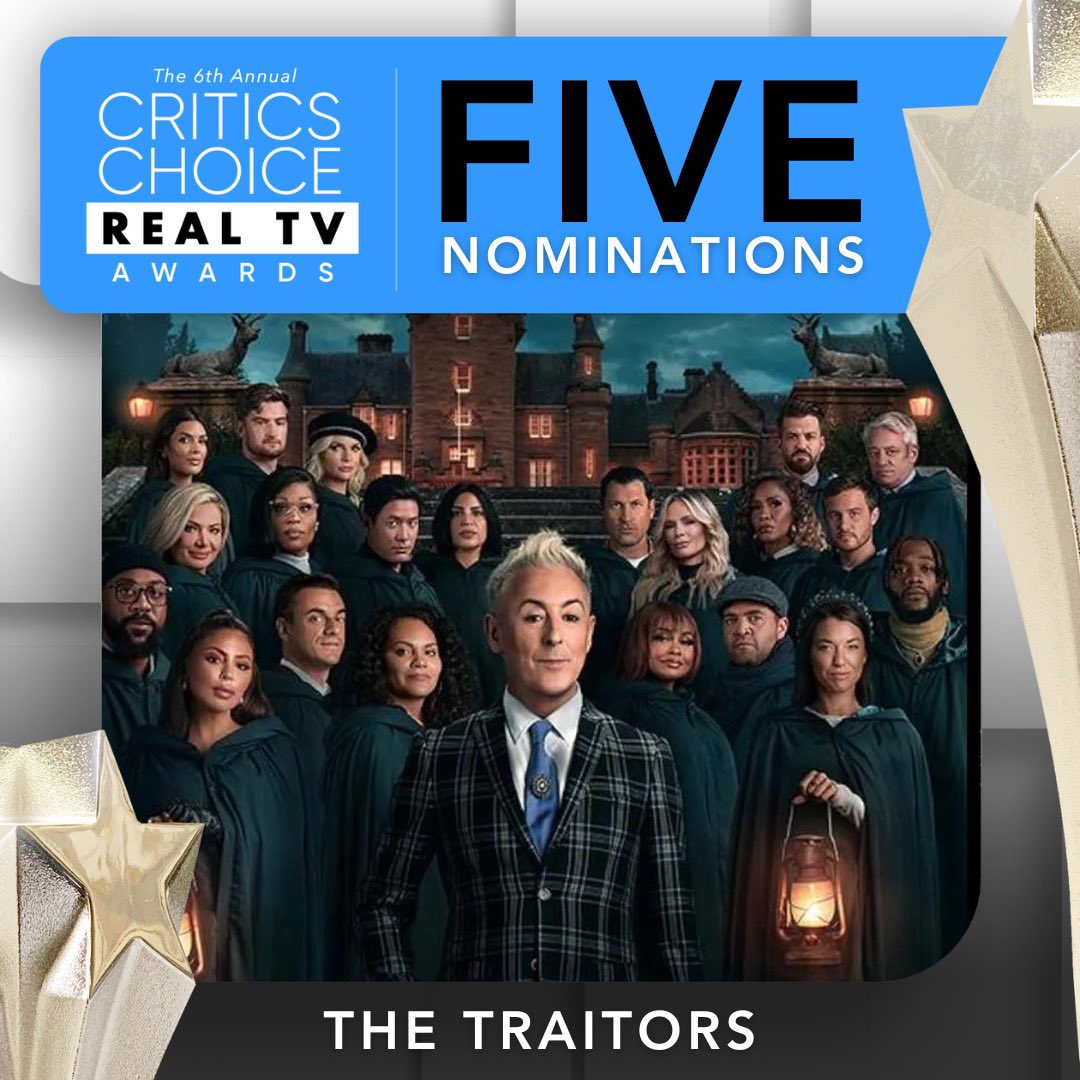 Congratulations to “The Traitors!” The reality series leads this year’s Critics Choice Real TV Awards with 5 nominations! ⭐️⭐️⭐️⭐️⭐️ ⭐️Best Competition Series. ⭐️Best Ensemble Cast in an Unscripted Series. ⭐️Best Show Host. ⭐️Male Star of the Year. ⭐️Female Star of the Year.