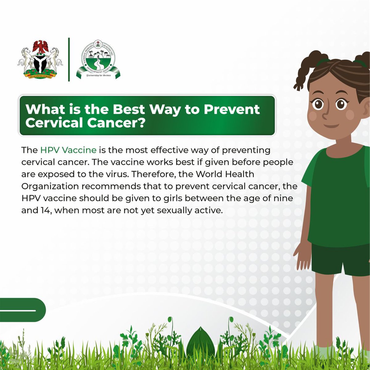 The HPV vaccine is safe and vital in protecting our girls against cervical cancer. Don't let misinformation deter you from getting vaccinated. Visit any Public Health Center NOW!!! #HPVvaccineNG
#SupportImmunization